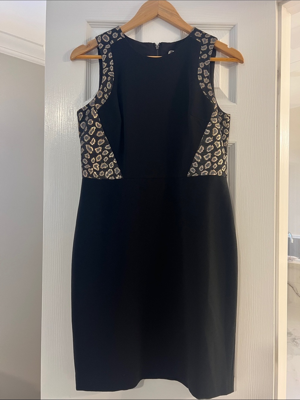 Ann Taylor Black Midi Dress with Metallic Leopard Trim